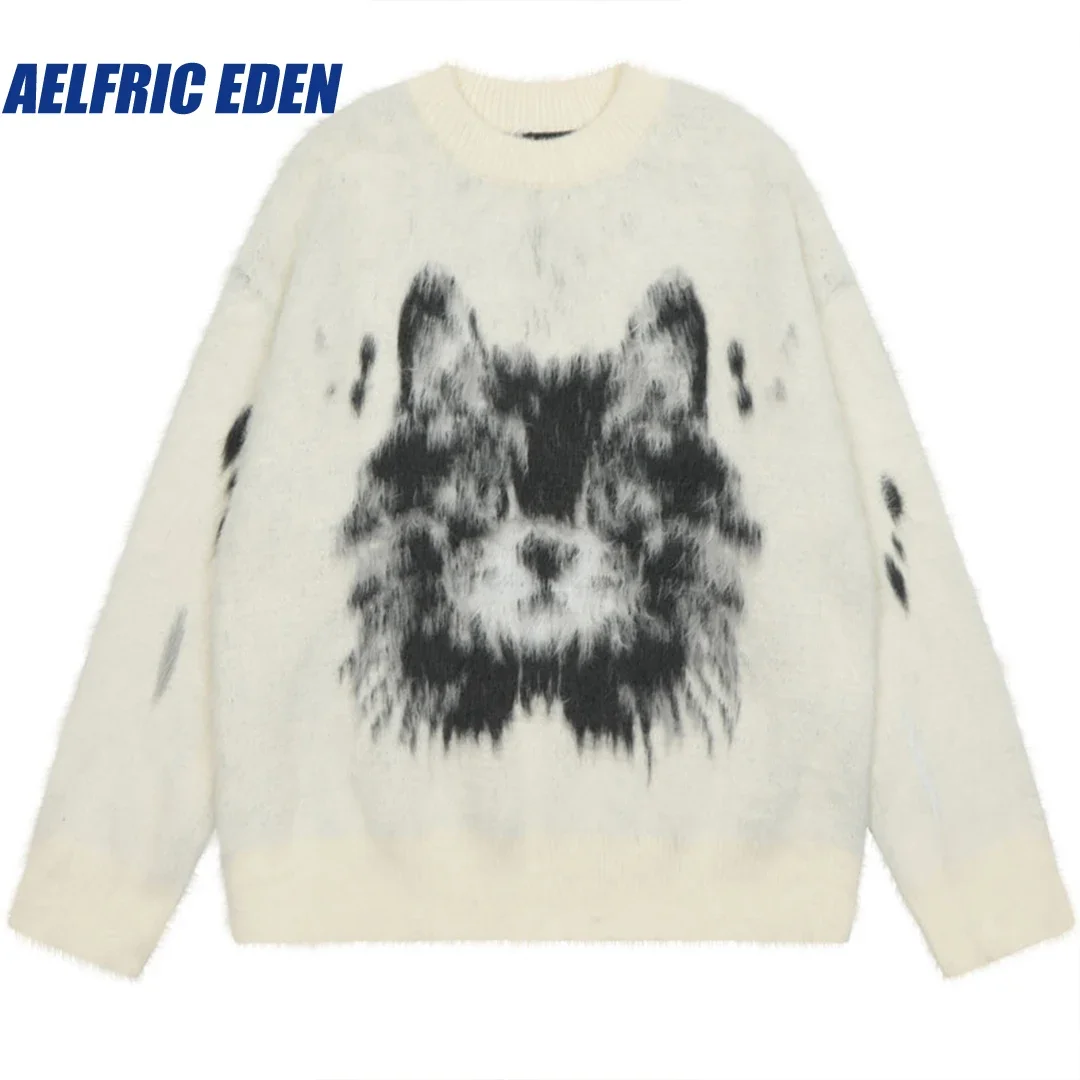 

Aelfric Eden Knitted Fluffy Fuzzy Cat Jumper Harajuku Cat Sweater Y2K Hiphop Streetwear 2023 Men Casual Loose Punk Goth Pullover