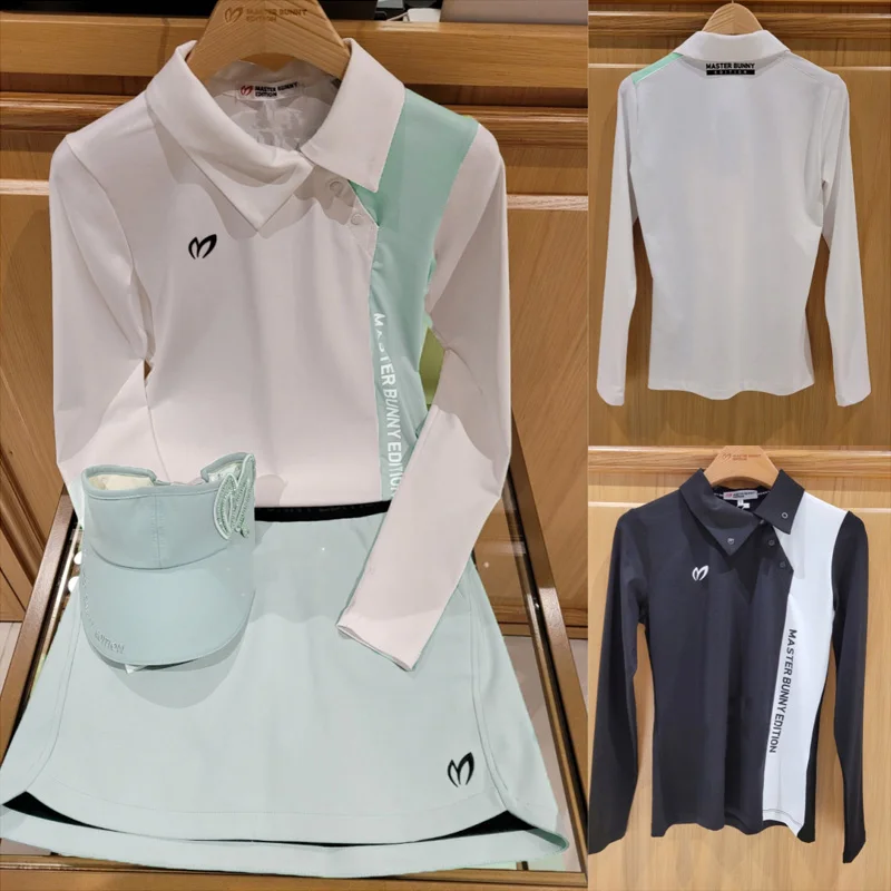 

Women's Golf Polo Shirt - Long Sleeve Spring/Fall Contrast-Color Top Quick-Dry Slim-Fit Athletic T-Shirt Golf Apparel