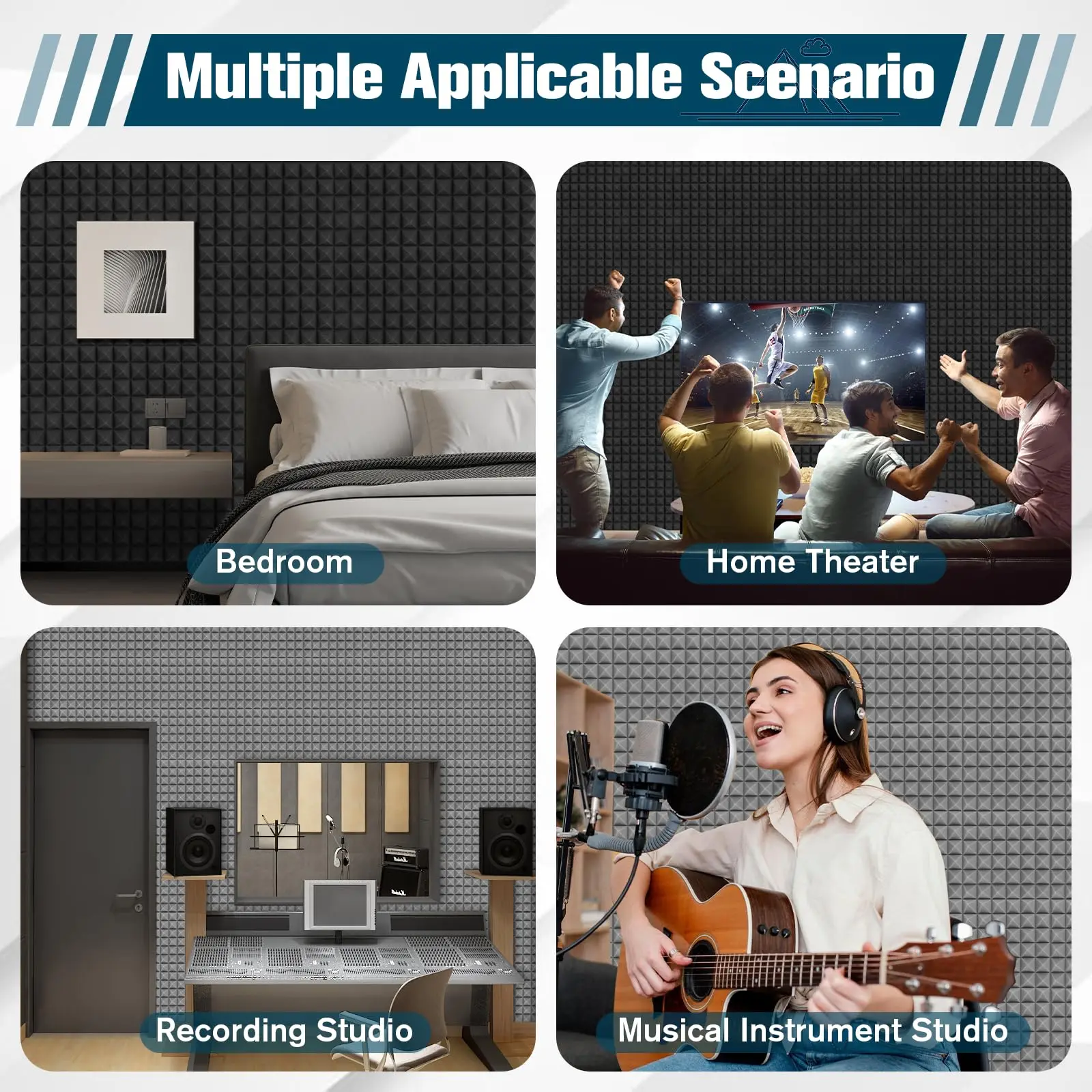 HERTBER - 12 Paneles Acústicos de Espuma en Forma de Pirámide Negra de 12x12x2 Pulgadas con Cintas Adhesivas de Doble Cara, Paneles Absorbentes de Sonido para Pared