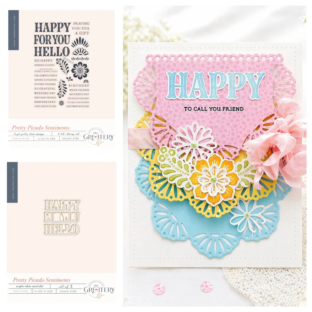

New Greetery Pretty Sentiments Borders Blooms Banners Arch Box Mini Dies Stamps Stencil DIY Scrapbook Greeting Card May 2026 Ne