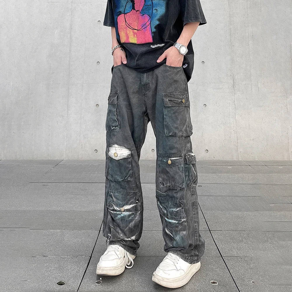 Cargo Jeans Multi-pocket Baggy Denim Pants Straight-leg Autumn Streetwear Wide Leg Hip Hop Oversized Summer Loose Trousers Mens