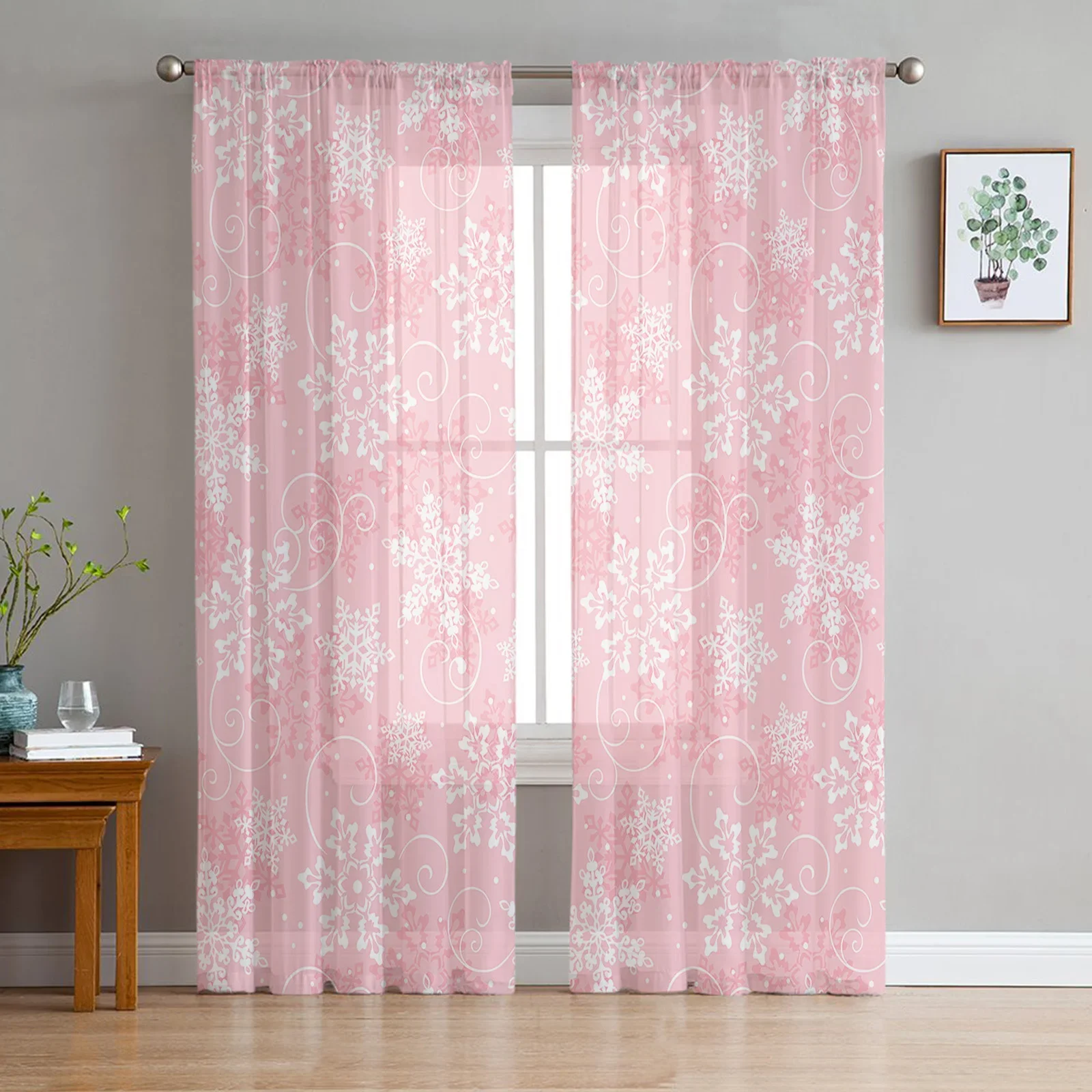 Christmas Snowflake Texture Pink Sheer Curtains for Bedroom Living Room Decoration Window Curtain Kitchen Tulle Voile Drapes