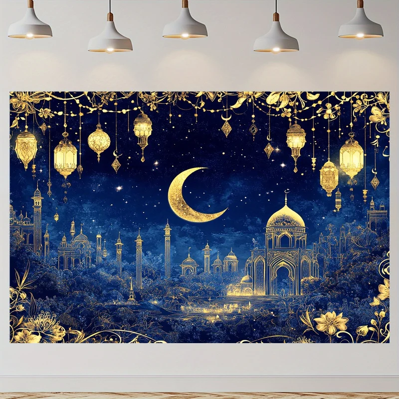 VIKAMA Eid Mubarak Marineblaues Banner Wandteppich Gold Islamische Laterne Mond Moschee Ramadan Party Dekoration Heimdekoration