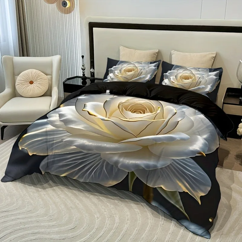 Luxury Golden Edged White Rose Bedding Set 3D Floral Duvet Cover Set Elegant Black Base Wedding Home Textile Pillow Covers