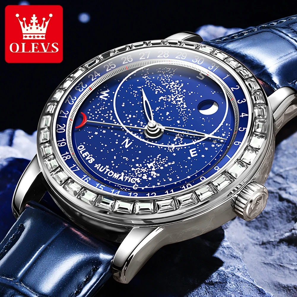 OLEVS Automatic Mechanical Watch for Men Fashion Leather Strap Starry Sky Rotation Lap Luminous Moon Phase Diamond Wristwatches