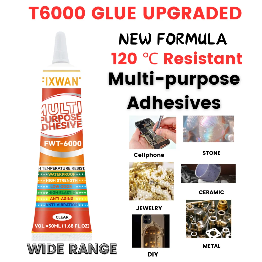 T6000 Upgrade New Formula 120℃ Resistant Multi-purpose Cellphone Repair Glue PP PE DIY Metal Wood Jewelry Fabric Adhesive 50ML