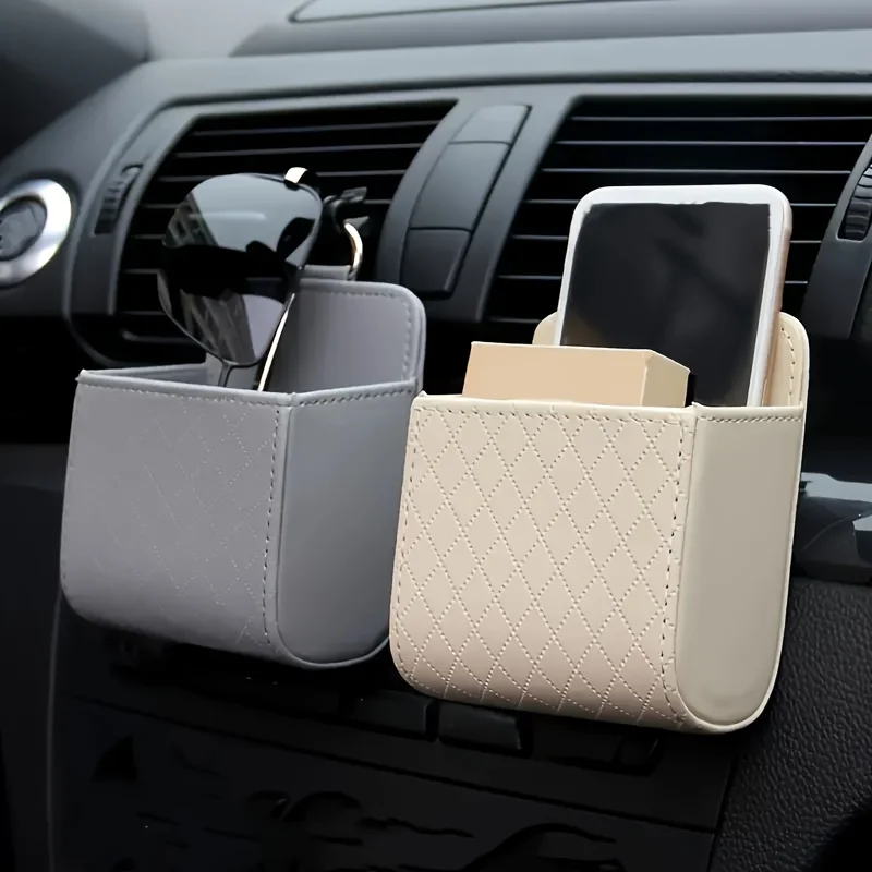 Universal Car Air Vent Organizer Bag PU Leather Pocket Holder for Smartphone Sunglasses Keys Portable Car Interior Storage Box