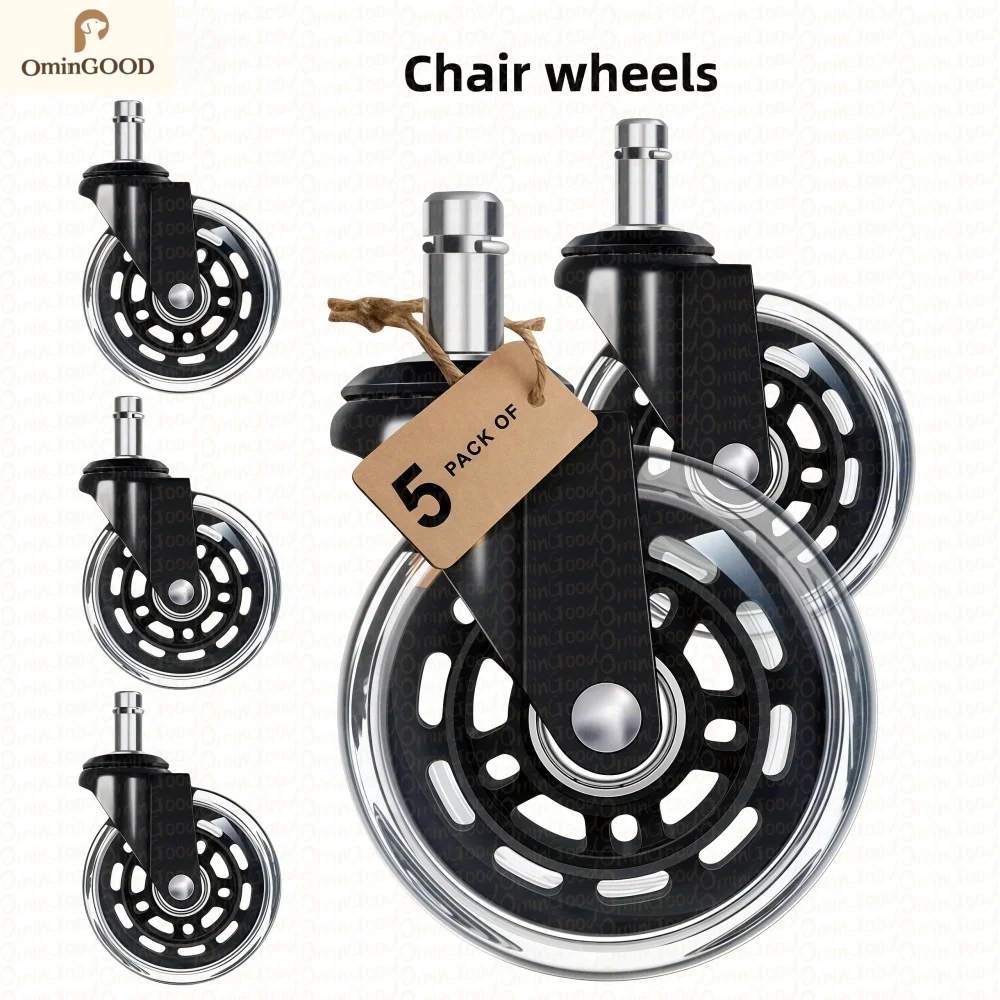 5PCS 3 Inch Silent Swivel Rubber Office Chair Casters Heavy Duty Replacement Wheels for Hardwood Floor Carpet Gaming Desk Chair