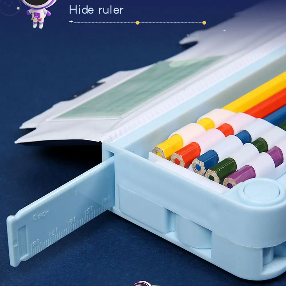 กล่องดินสอสองชั้นความจุขนาดใหญ่ ลายนักบินอวกาศ/สัตว์ พร้อมกบเหลาดินสอ กล่องเก็บเครื่องเขียนพลาสติก
