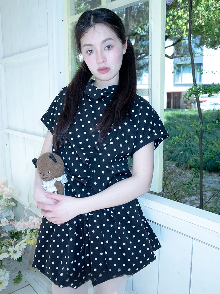 

Винтажная женская летняя рубашка в горошек с коротким рукавом, воротником «Питер Пэн», приталенного кроя, универсальная, модная, из полиэфирного волокна, премиум-класса