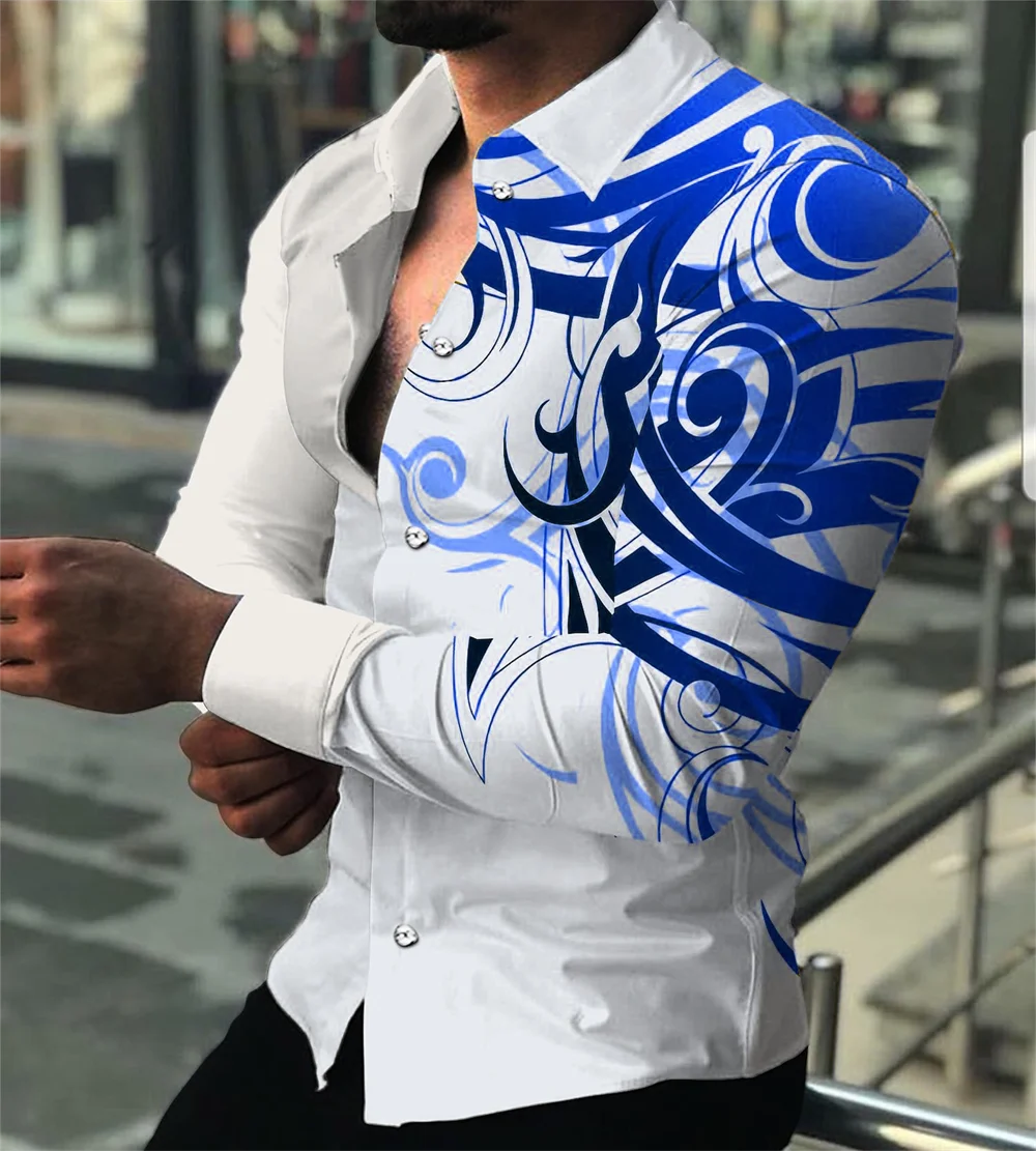 Illustration digital printed long sleeved shirt, fashionable and luxurious social party button up collar, comfortable shirt