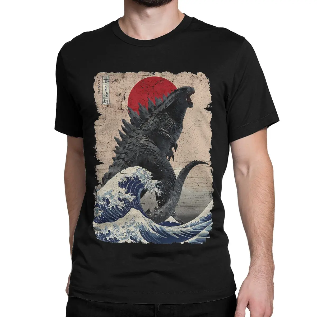 Unique Japanese Godzillaed Great Wave T-Shirt Men Crew Neck Pure Cotton T Shirts Short Sleeve Tees 4XL 5XL Clothes