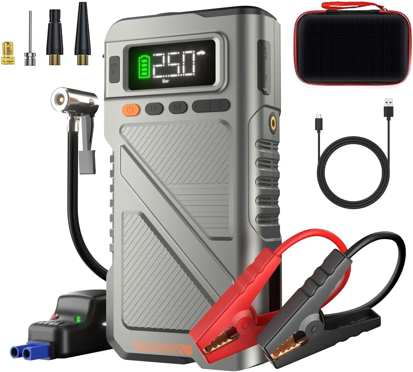 Portable Car Jump Starter with Air Compressor, 9000A Power for 12V Vehicles, Includes Tire Inflator and Fast Charging
