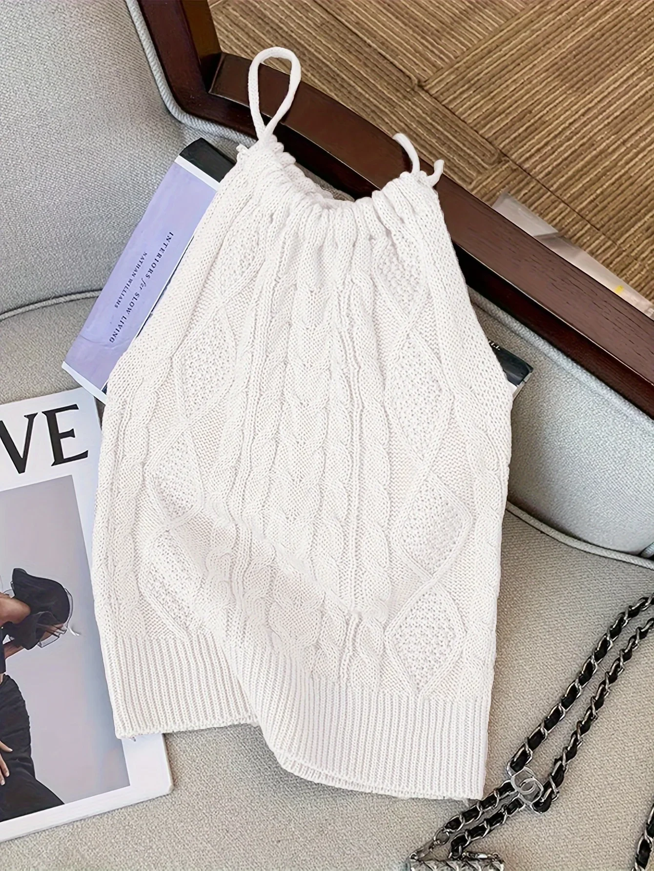 2024 Solid Cable Knit Tied Halter Top  Vacation Backless Top For Spring  Summer Women's Clothing Crop Top Camis