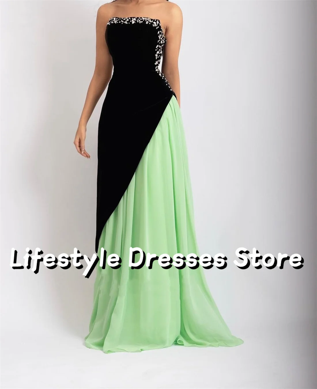 Customized Strapless Chiffon Patchwork Prom Dresses 2024 Beaded A-Line Evening Gown Party vestidos para eventos especiales