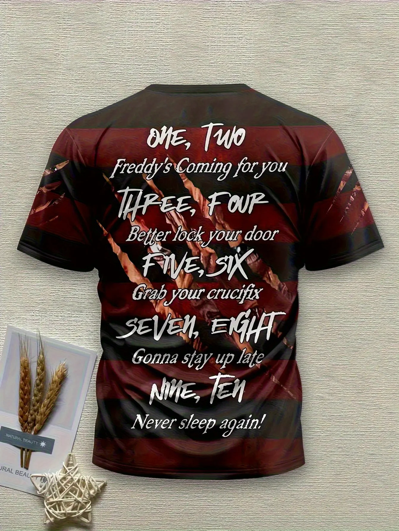 Men Red Black Stripe Claw Scratch Freddy Horror Rhyme Text Print T-shirt O-neck Short Sleeve Plus Size Casual Tops