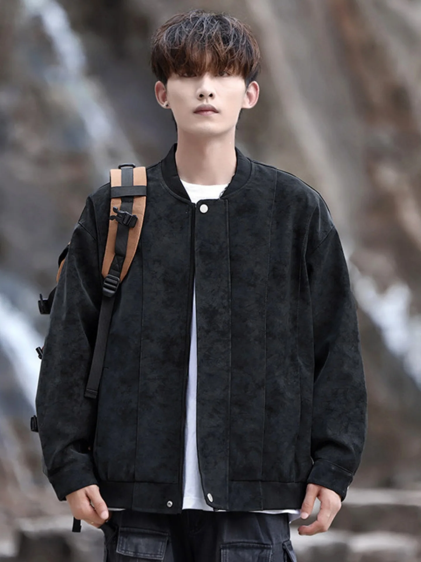 

American Sle Motorcycle PU Leather Jaet Men's Autumn Winter Casual Faion Flight Coat Youth ular Loose Fit Button Detail