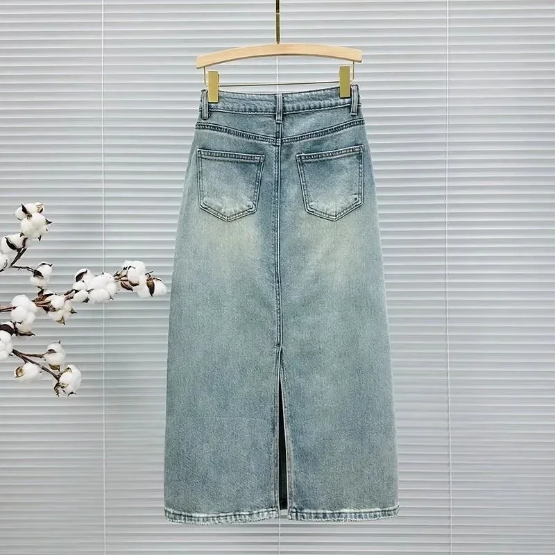 NMZM2024 Spring/Summer Mid length High Waist Women's Denim Half Skirt Korean Edition Embroidered Women's Denim Skirt