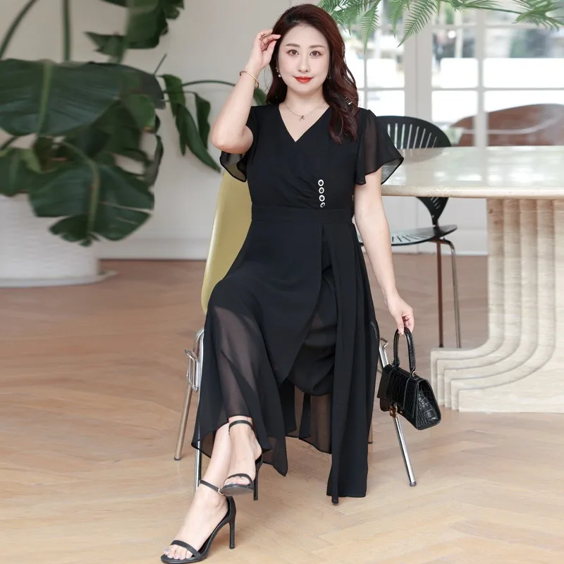 Elegante zwarte Jurk Vrouwen Lange Slanke Sexy V-hals Chiffon Plus Size 6XL 7XL 8XL Korte Mouw Kantoor Dame Vrouwelijke Koreaanse kleding