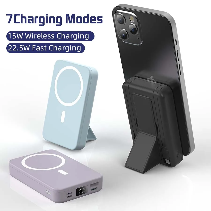 10000mAh Tragbare Magnetische Kabellose Powerbank, 22,5W Schnellladung Kompatibel mit Allen Smartphones, Mobile Stromversorgung mit Rückenclip & Faltbarem Desktop-Ständer