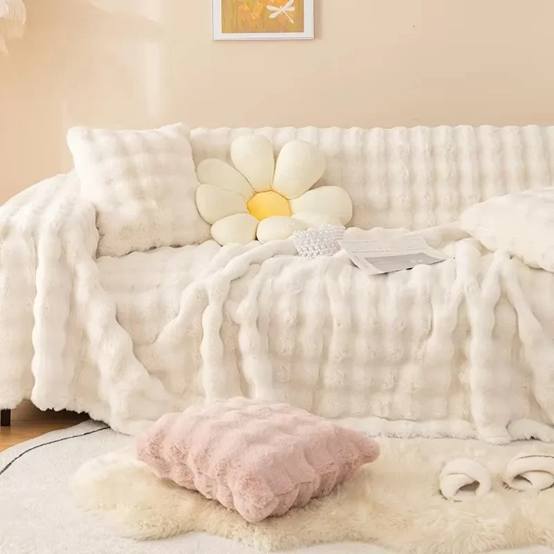 Thickened Non-slip Plush Cushion Sofa Cover Winter Light Luxury Sofa Towel Warm Artificial Rabbit Velvet Couch Decor Blankets