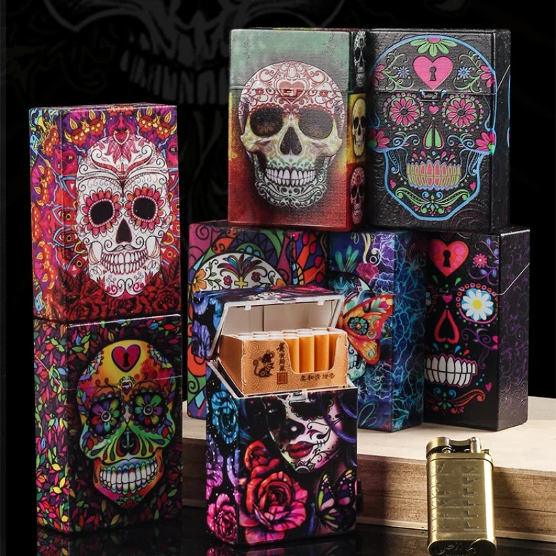 Pocket Cigarette Case Box Holder Skull Pattern Smoking Cigarette Box Cigarette Cigar Tobacco Holder Storage Case Container Box