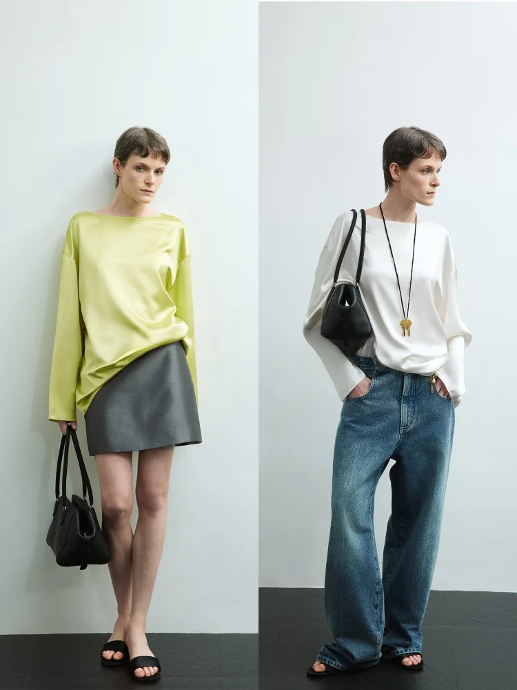 

the AES an Shang Three-acetate Water Wave Simple One-shoulder Long Sleeve Top Silky Commute Style Pure Color Polyester Blend