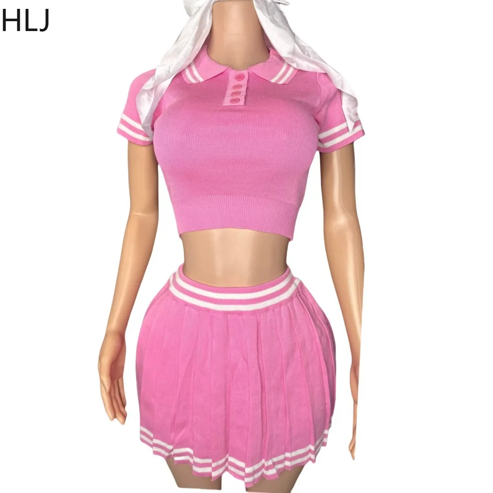 HLJ Y2K Fashion Knitting Mini Pleated Skirts Two Piece Sets Women Turndown Collar Short Sleeve Slim Crop Top And Skirts Outfits