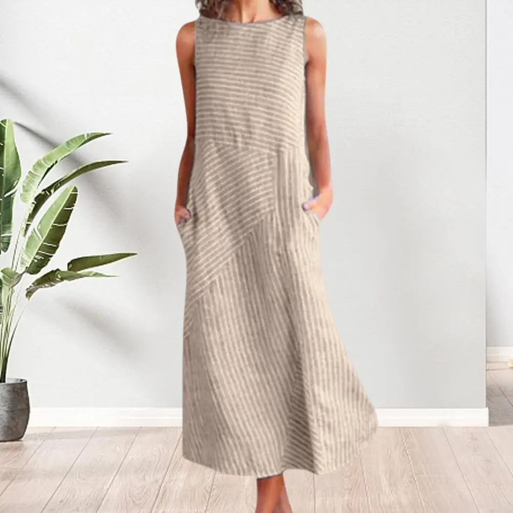 

Women Dress Striped Print Midi Dress with Side Pockets A-line Summer Sundress for Wear O Neck Patchwork Mid-calf Length Outfit