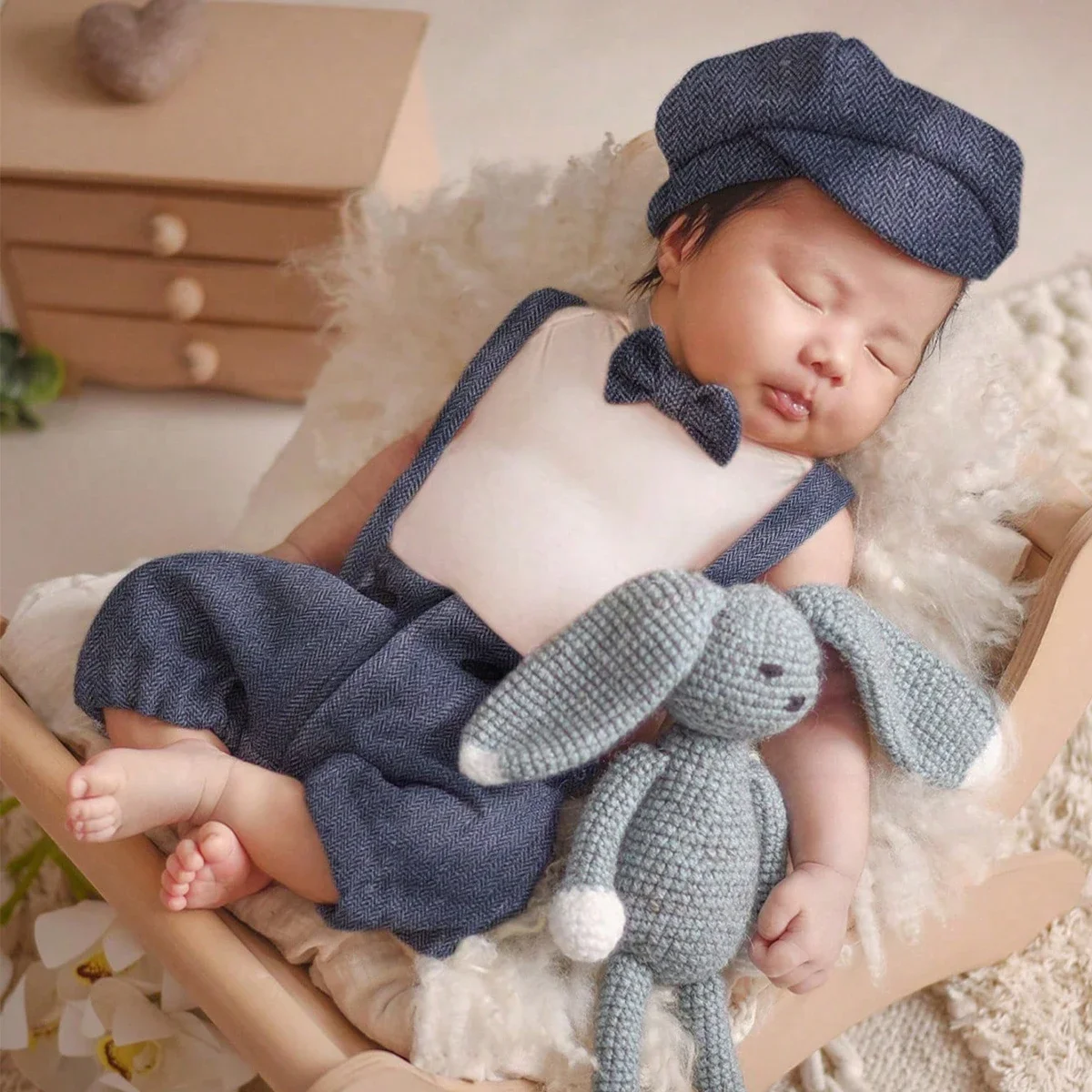 Newborn Photography Props Outfits Baby Boy Little Gentlman Suit Infant Shooting Suspender Overall with Casquette and Bow Tie