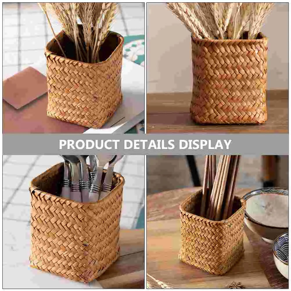 Imagem -02 - Handmade Rattan Desktop Trash Can Wicker Pen Cup Maquiagem Brush Holder Woven Vine Desk Organizer Pen Container Box Home Office