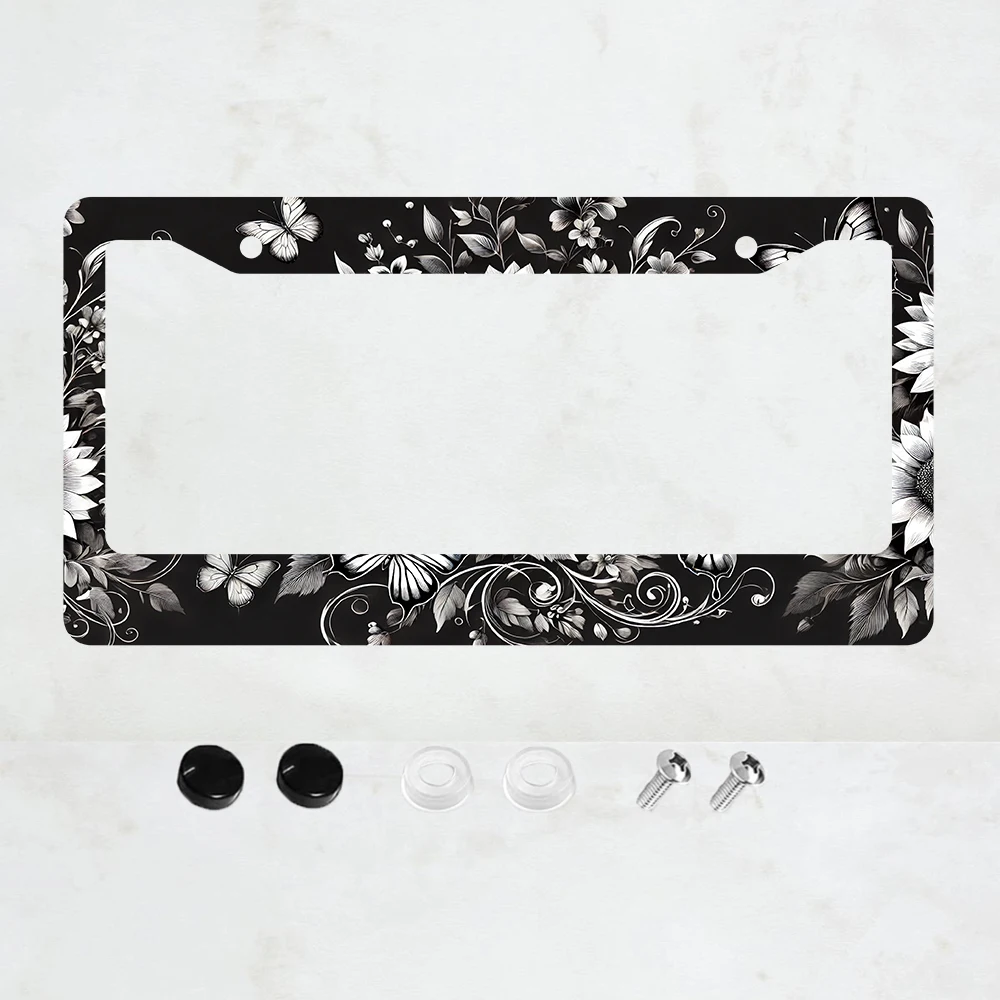 

1PC Black White Sunflower Butterfly Aluminum License Plate Frame - 6 x 12 Inch US Standard Size, Decorative Car License Plate