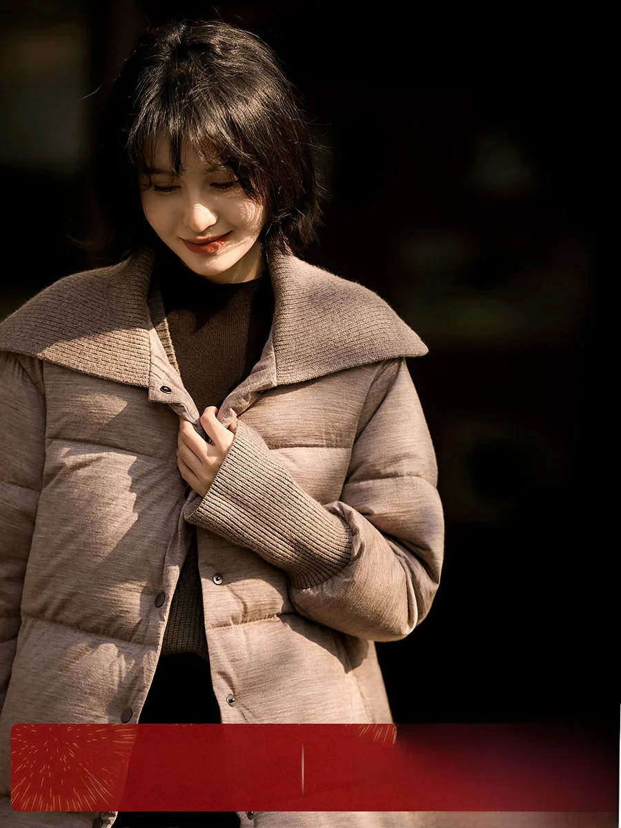 

Xhange Warm Velvet Interwoven Goat Camere down Jaet Women's Spring New Sle 95 White Goose Flip Collar Bread Sle Puffe...