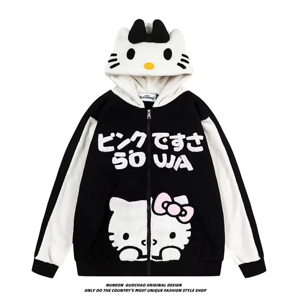 NEW Y2k Sanrio Hello Kitty Kawaii Cardigan Coat Women Autumn Winter Thickened Hoodie Preppy Cute Cartoon Sweatshirt Girl Clothes