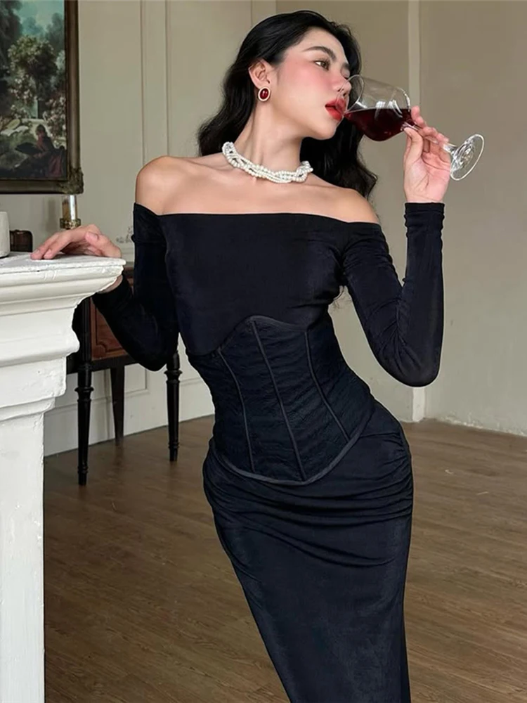 Raar Poes Sexy Shirring Jurk Vrouwen Patchwork Slash Hals Backless Volledige Mouw Elegante Vintage Stretch Skinny Avond Bodycon