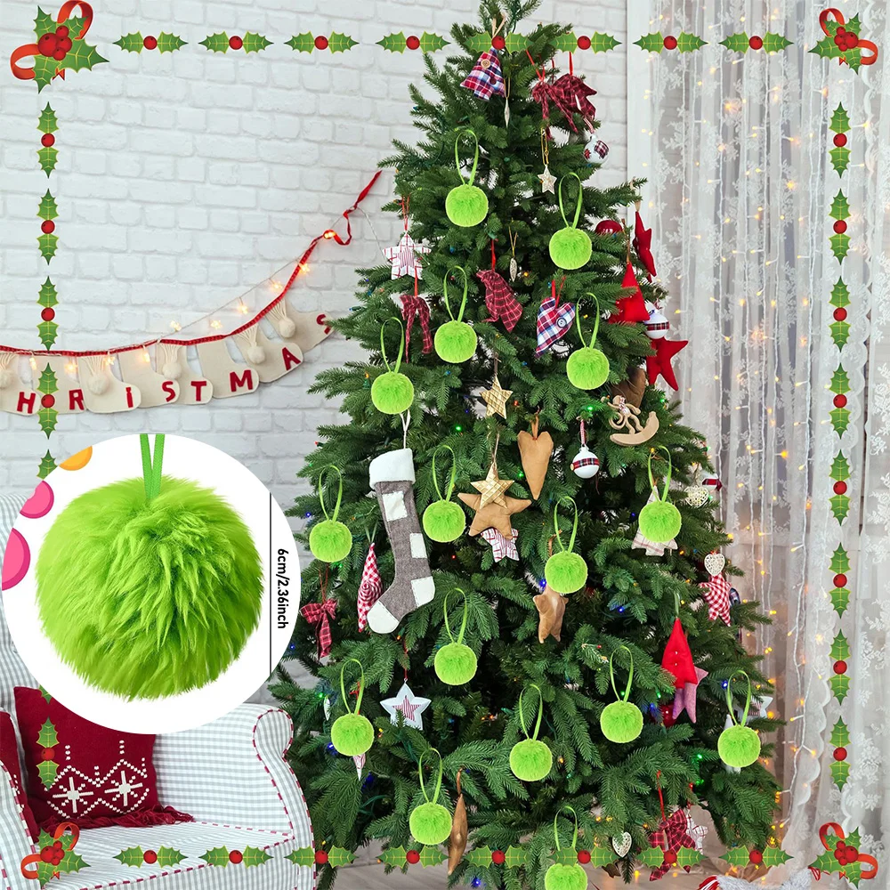 12/16PC Plush Christmas Ball Ornaments Green Plush Ball 6cm Christmas Tree Pendant for Navida Party Home Indoor Fireplace Decora