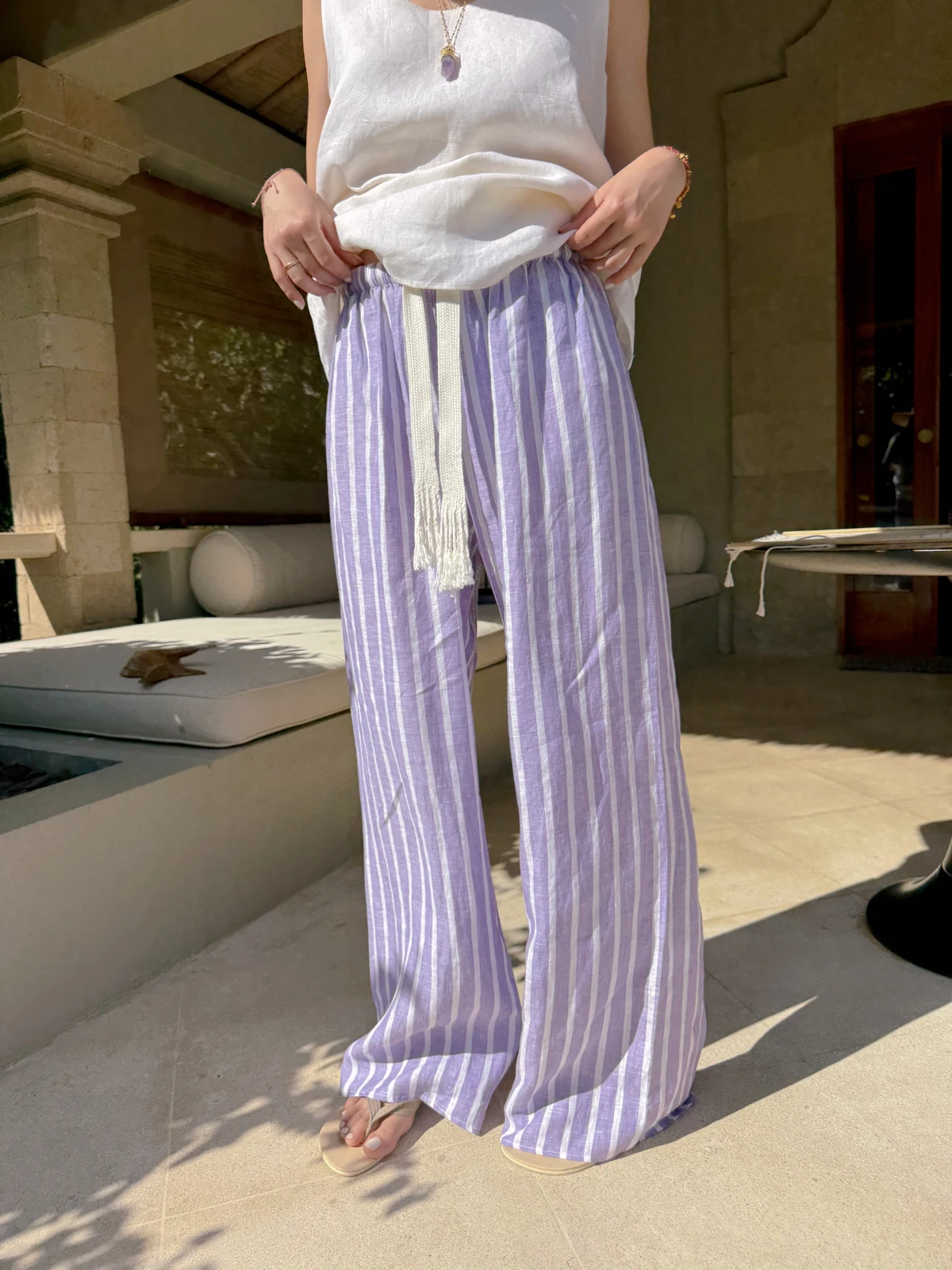 

TZCO Summer Purple Linen Pants Comfortable Casual Trousers Ele Striped Loose Fit Ladies' Summer Faion High Waist