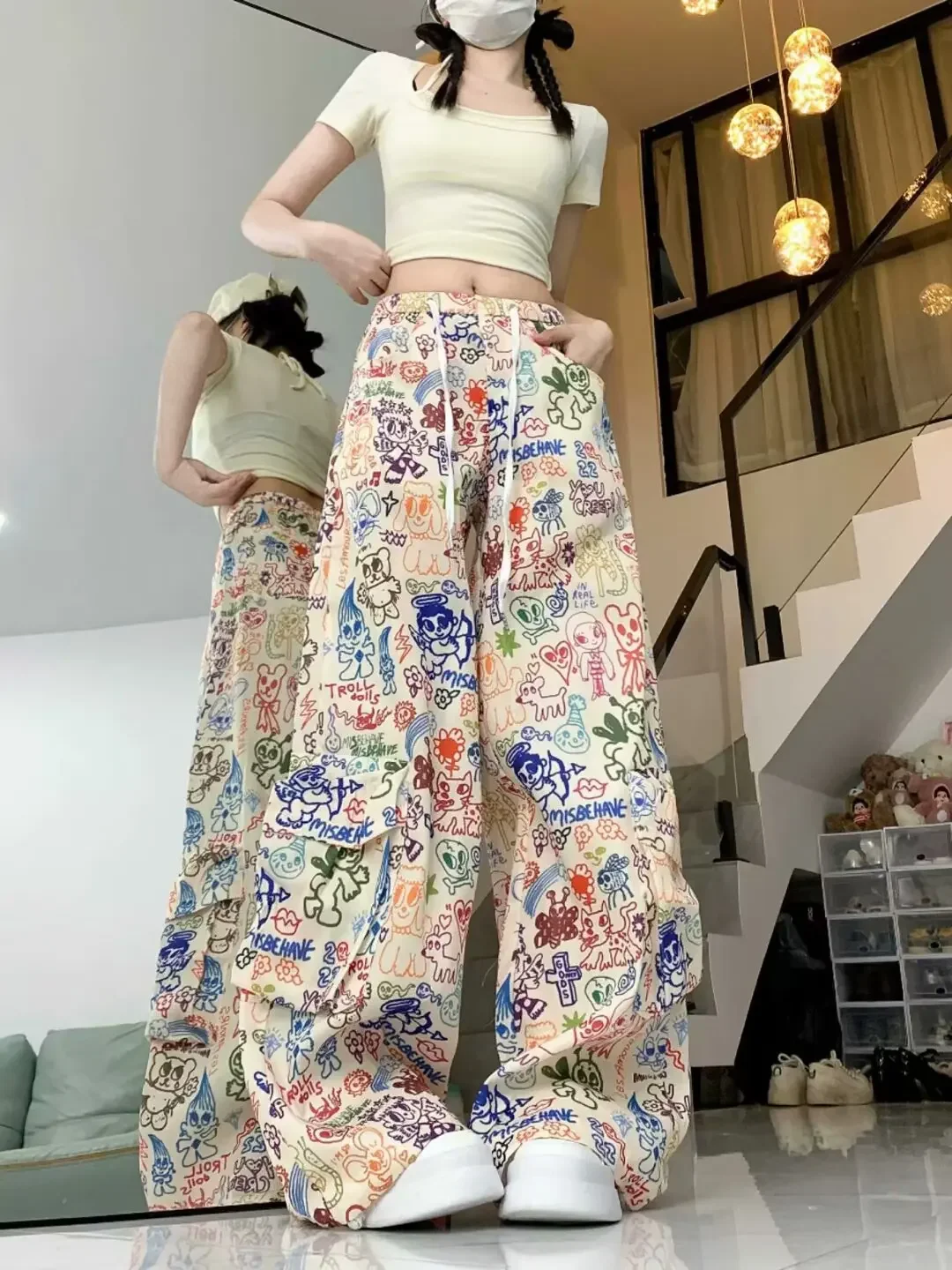 IMU Y2K Streetwear Daily Casual Pants Colorful Line Pattern Pocket Hip Hop Cargo Wide Leg Pants Loose Elastic Waist Sweatpants