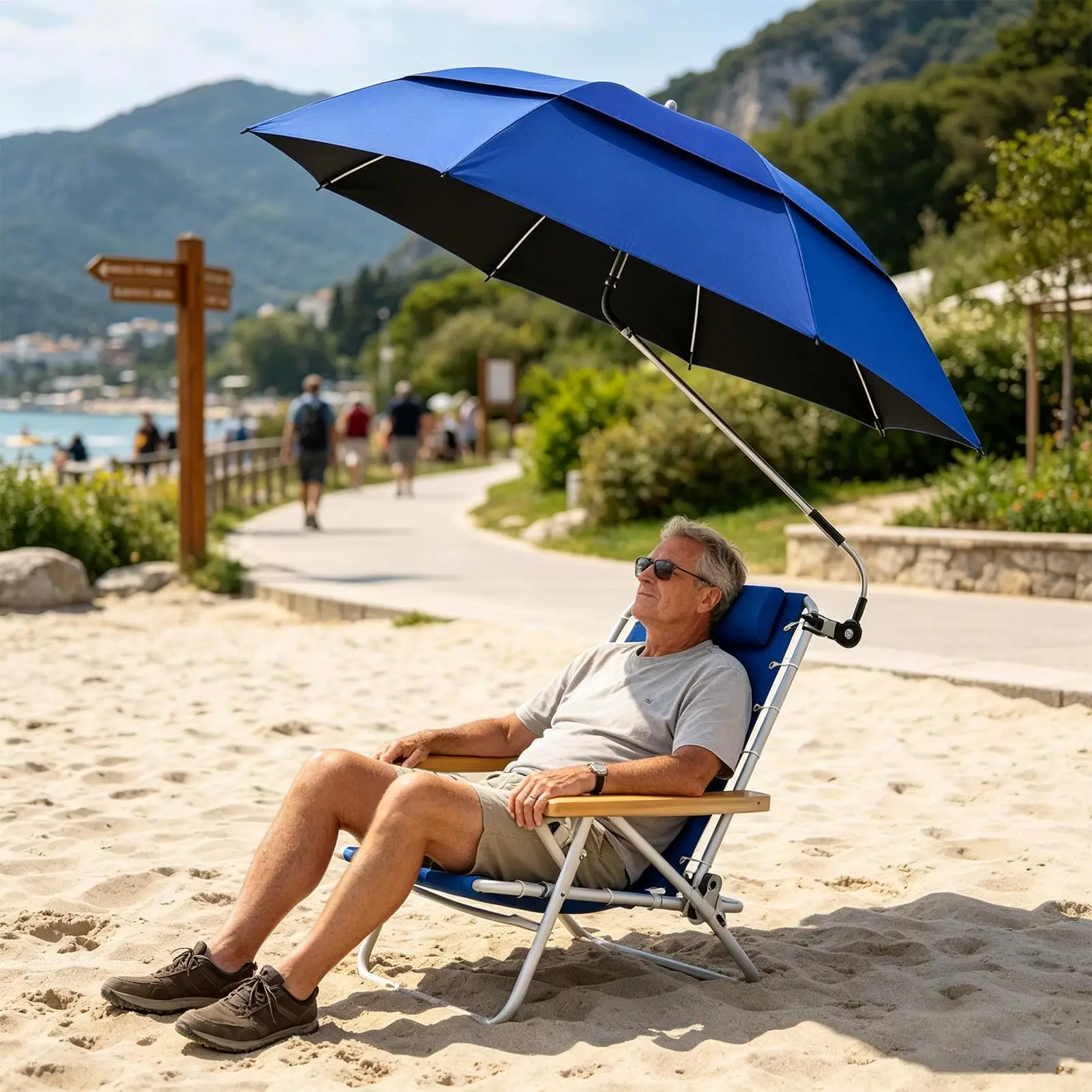 106cm UPF 50 Clip On Chair Umbrella, Double Canopy Beach Parasol with UV Protection, Portable Sun Shade for Travel Camping Patio