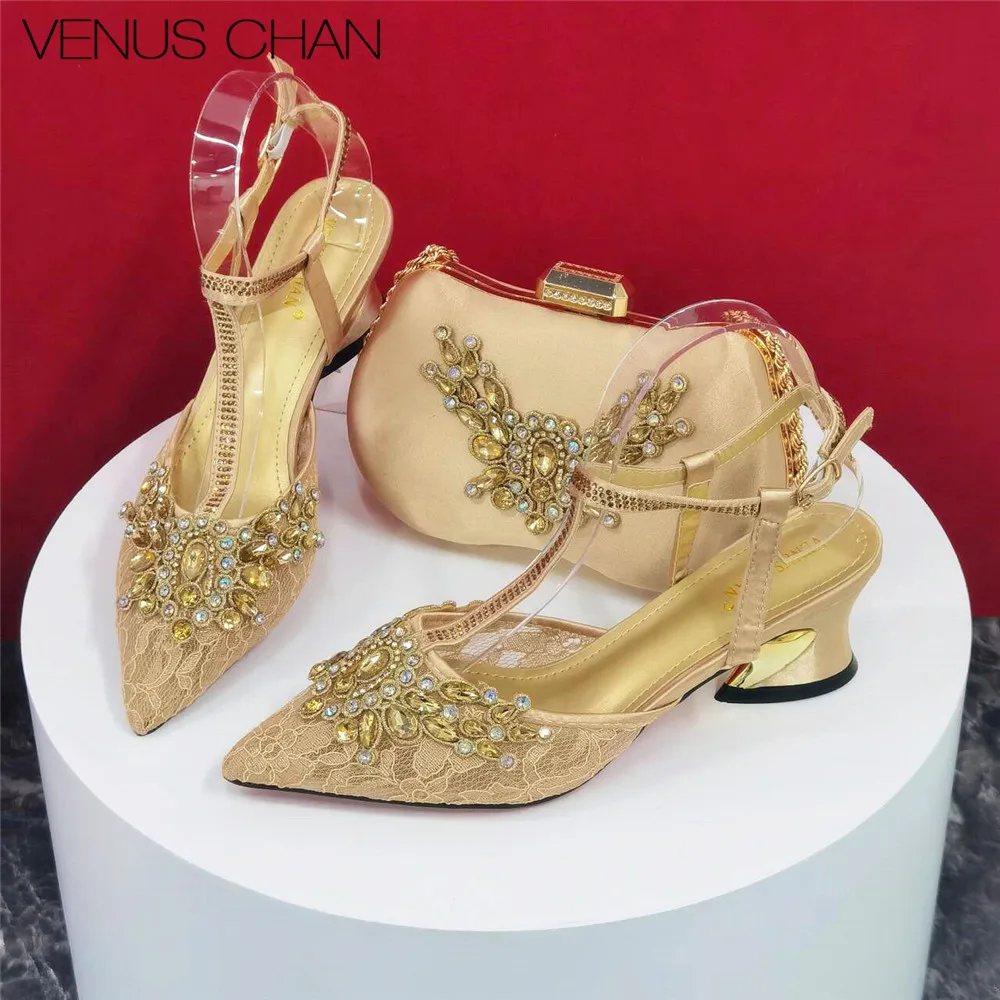 2024 Golden Color Fashion Style Pointed Toe Spike Heels Ladies Shoes Matching Bag Set For America Women Party Pump