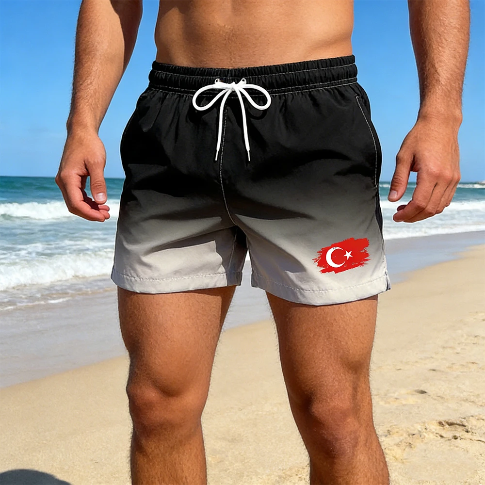 

Men's Flag Print Gradient Swim Trunks Quick Dry Mesh Lined Beach Shorts with Side Pockets Summer Board Shorts for Surf & Swim