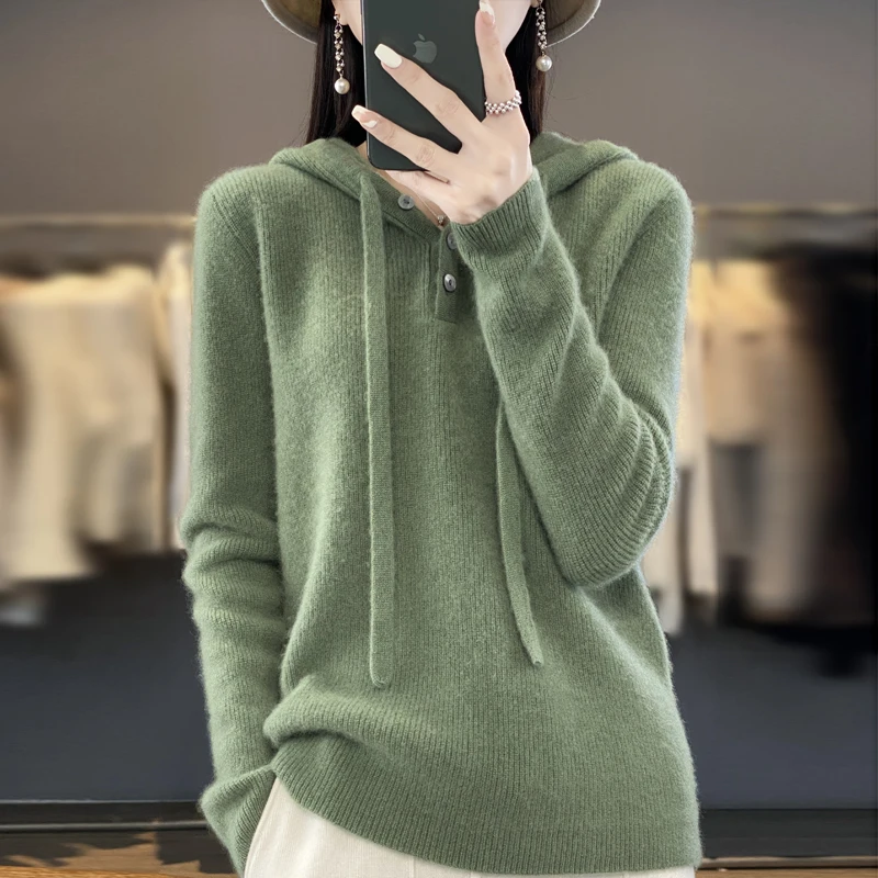 100% Wool Soft Sweater Women\'s Autumn Winter Long-sleeved Hooded Collar Pullover Solid Loose Thick Bottoming Warm Shirt Top