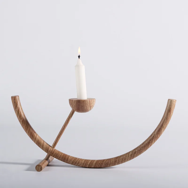 Creative Geometric Art Candle Holder, Imitation Wood Grain Metal Semi-circular Candle Holder, Shaped Ornament, Home Decoration