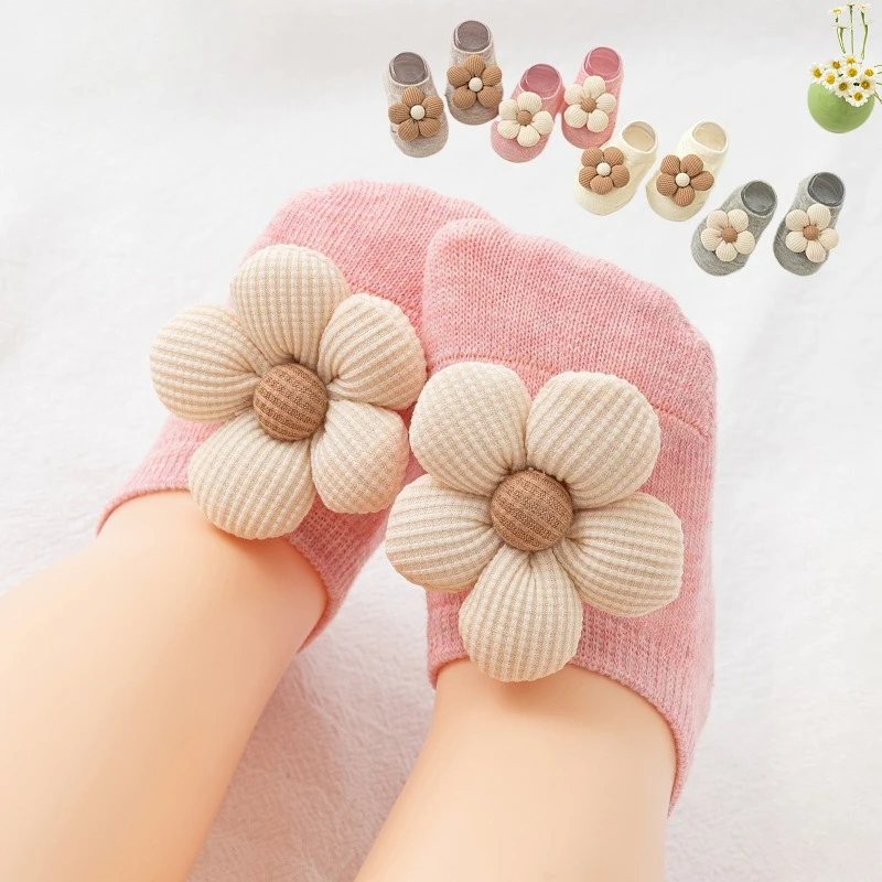 Newborn Cute 3D Flower Decoration Spring Summer Breathable Thin Anti Slip Gripping Socks Non Binding Cuff Indoor Walking Socks