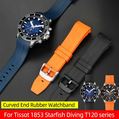 Imagen 1 del producto Correa de reloj de goma de 21mm y 22mm para Tissot 1853 Starfish Diving T120, correa de silicona con extremo curvo T 120417 Pulsera de muñeca serie A para hombre