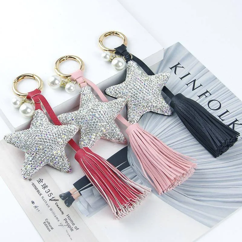 Handmade Diamond Embedded Star Pearl Tassel Keychain Pendant Bag Charm Star Shape PU Flowing Tassel Keyring Circle Hanging Or...