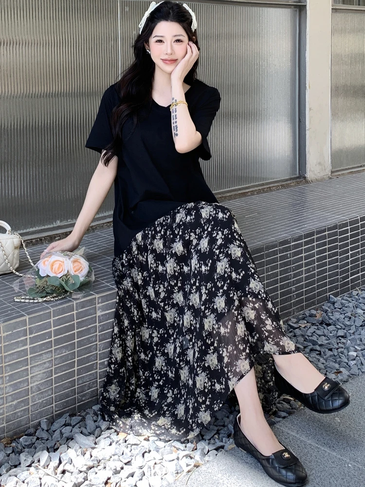 NYFS حجم كبير فستان نسائي فضفاض صيف 2025 كوريا نمط قصير الأكمام الخامس الرقبة المرقعة الزهور فستان طويل رداء Elbise #6