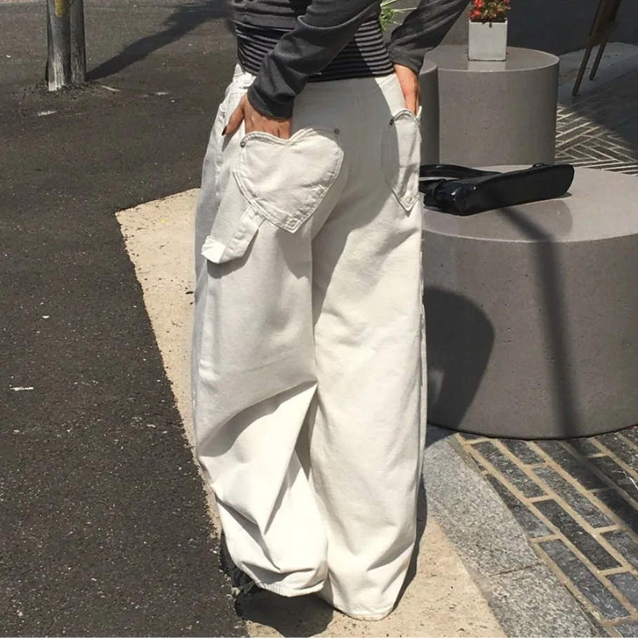 

Pure Color Heart Pocket Wide Leg Workwear Jeans Casual Style Natural Waist Long Pants Cotton Denim Four Seasons Universal