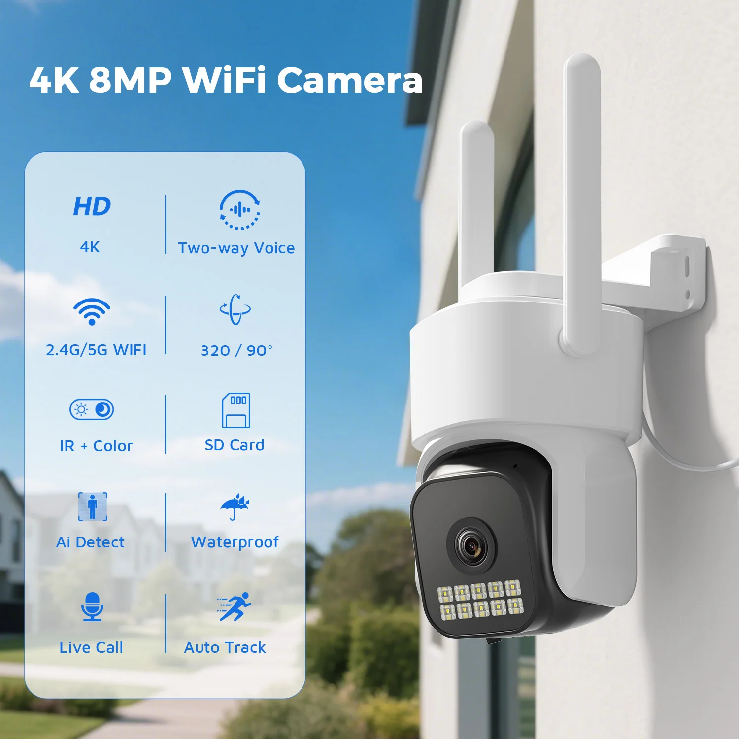 4MP 2K Outdoor WiFi Camera Full Color Night Vision AI Human Tracking 4X Digital Zoom Surveillance Security Video Monitor