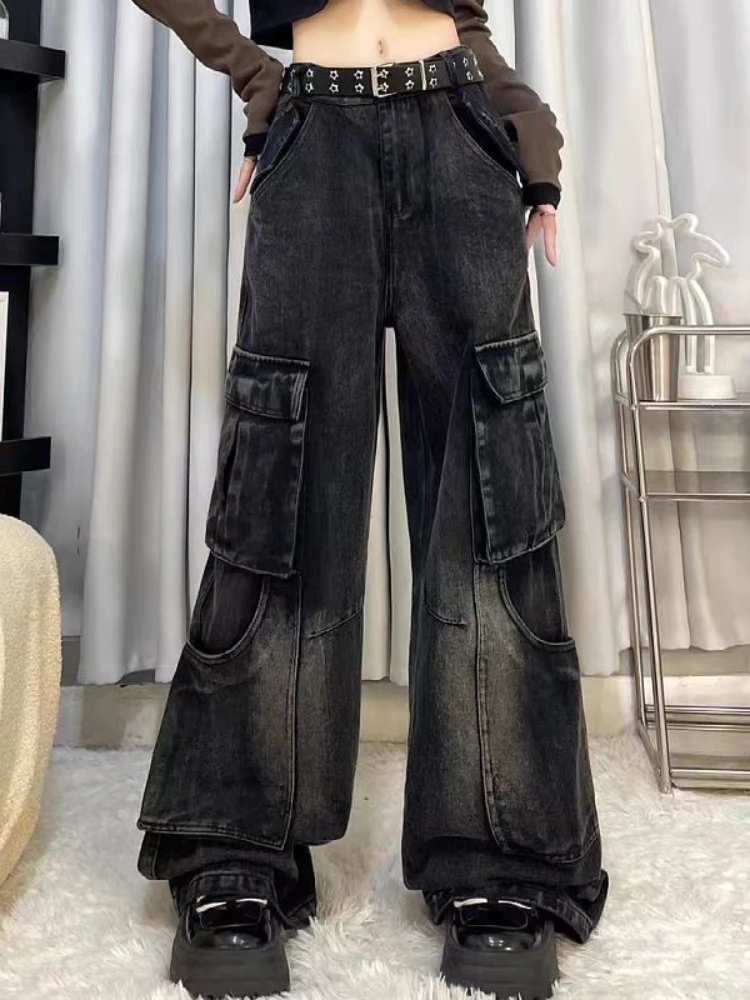 American Vintage Jeans Pockets Patchwork Solid Color High Waist Streetwear Design Pantalones De Mujer Casual Loose Clothing 2024